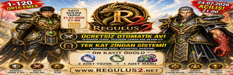 Regulus Mt2 1-120 Orta Emek Ücretsiz Oto Av, Battlepass, TL Ödüllü Legal Satış Oldschool & Newschool Deneyim